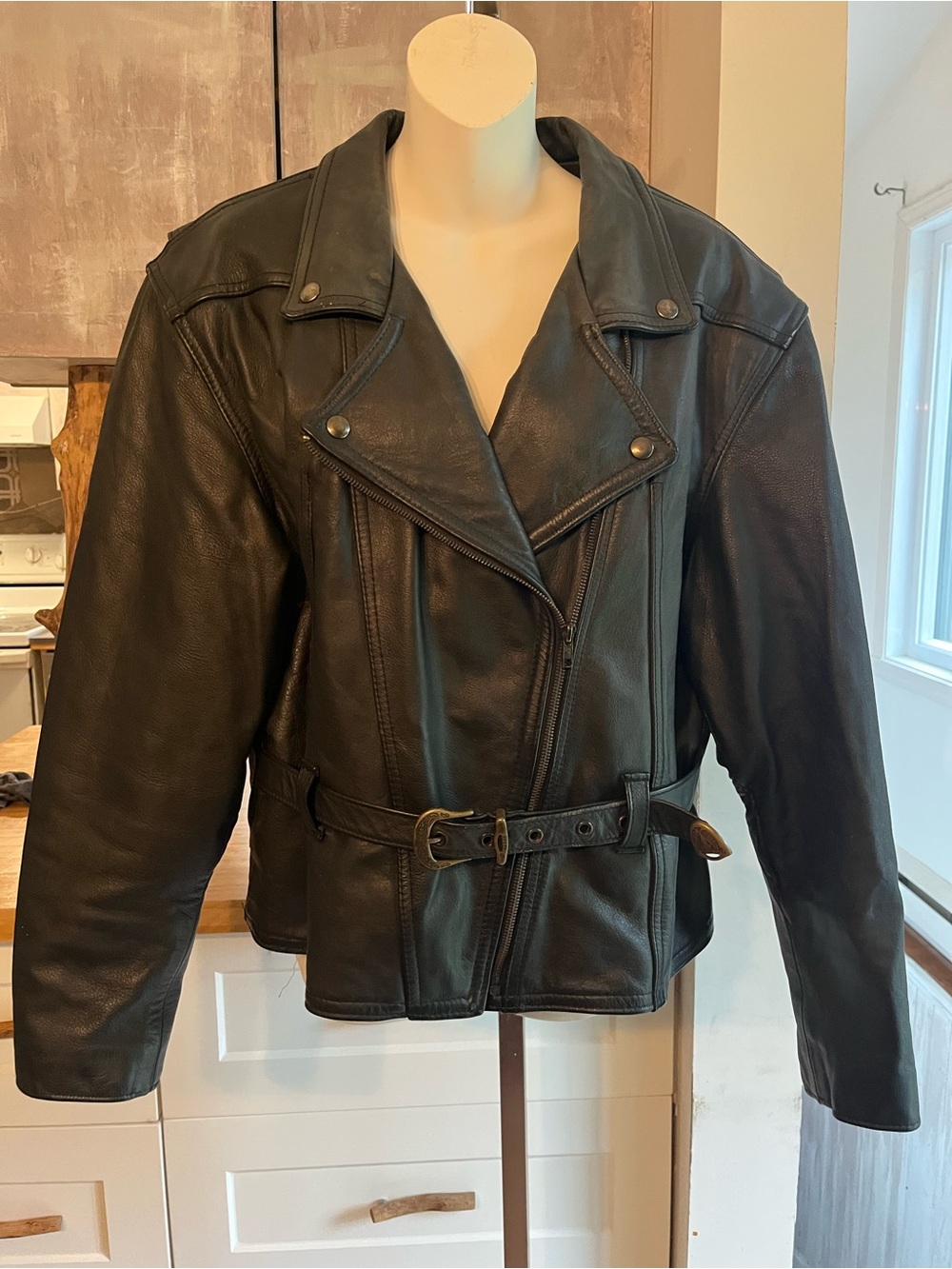 Vintage ANGORA Black Leather Belted Moto Jacket Made in Canada XL